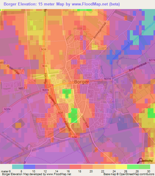 Borger,Netherlands Elevation Map