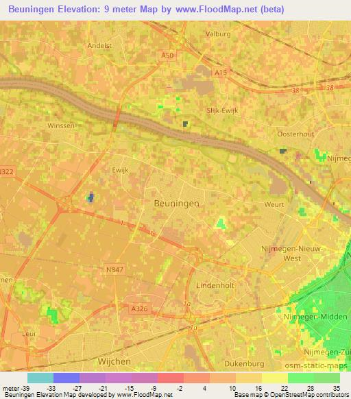 Beuningen,Netherlands Elevation Map