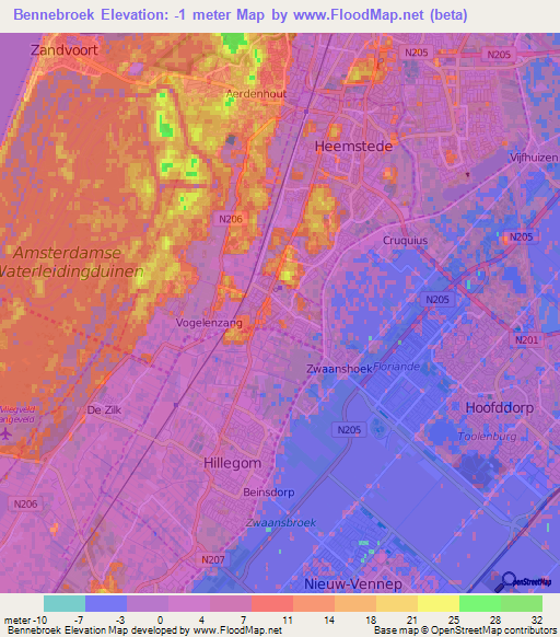 Bennebroek,Netherlands Elevation Map