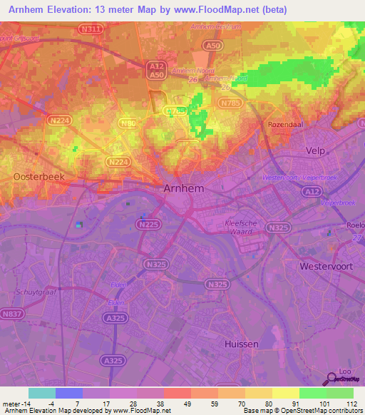 Arnhem,Netherlands Elevation Map