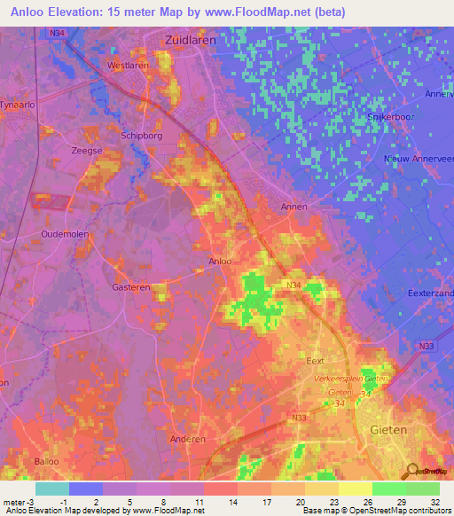 Anloo,Netherlands Elevation Map
