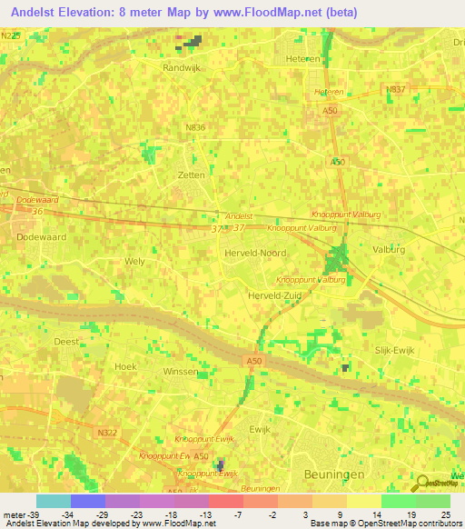 Andelst,Netherlands Elevation Map