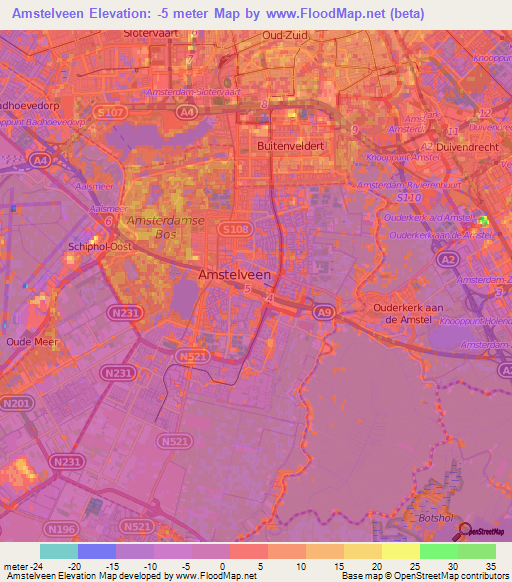 Amstelveen,Netherlands Elevation Map