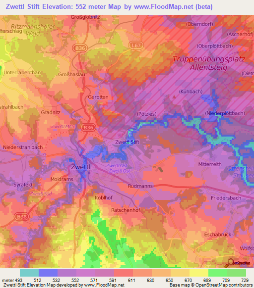 Zwettl Stift,Austria Elevation Map