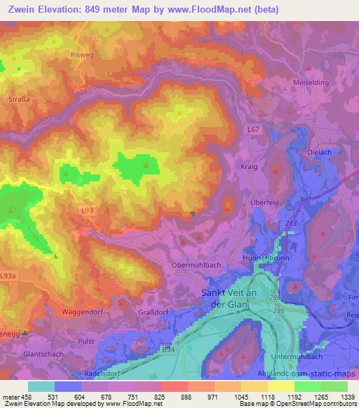 Zwein,Austria Elevation Map