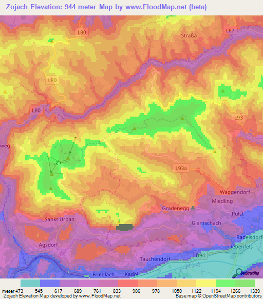 Zojach,Austria Elevation Map