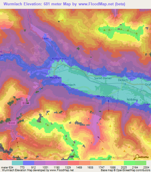 Wurmlach,Austria Elevation Map