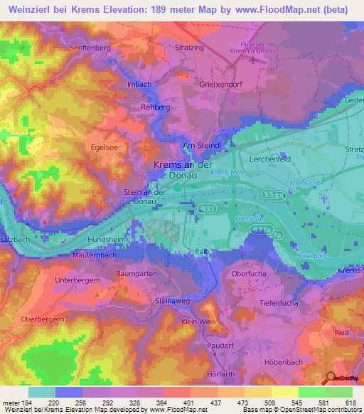 Weinzierl bei Krems,Austria Elevation Map