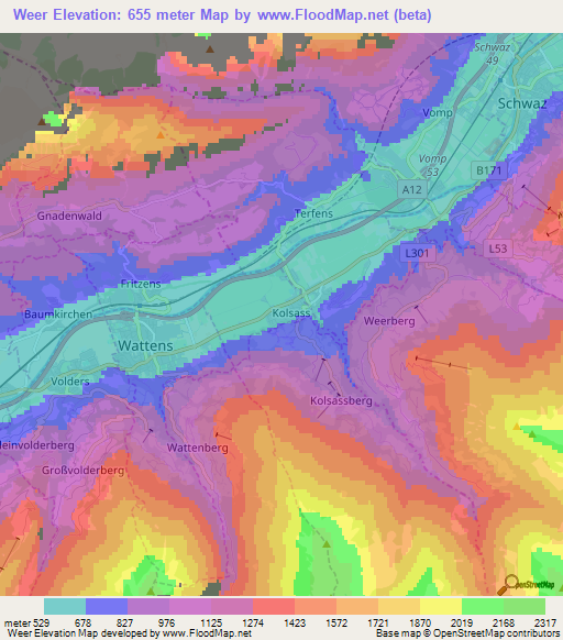 Weer,Austria Elevation Map