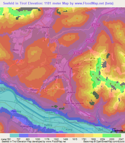 Seefeld in Tirol,Austria Elevation Map