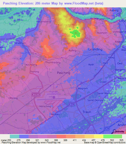 Pasching,Austria Elevation Map