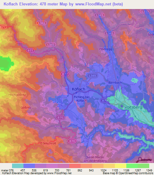 Koflach,Austria Elevation Map