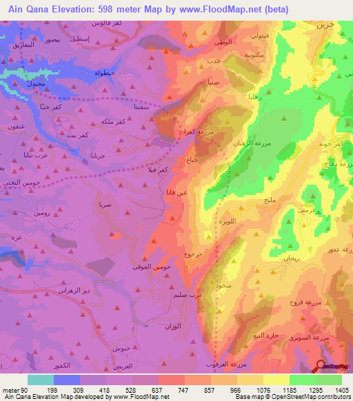 Ain Qana,Lebanon Elevation Map