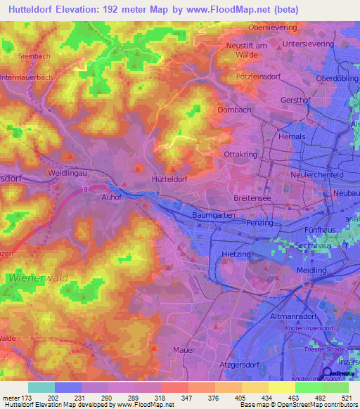 Hutteldorf,Austria Elevation Map