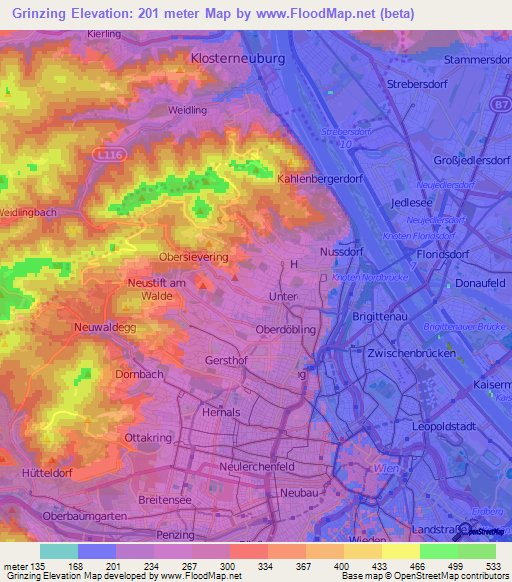 Grinzing,Austria Elevation Map