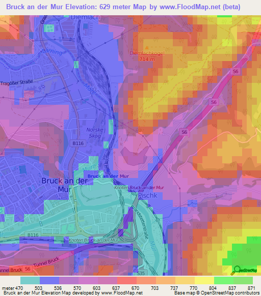 Bruck an der Mur,Austria Elevation Map