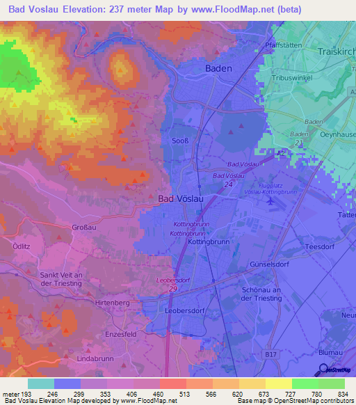 Bad Voslau,Austria Elevation Map