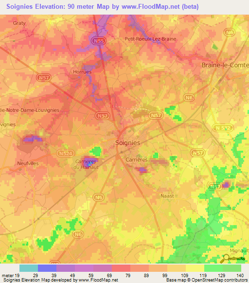 Soignies,Belgium Elevation Map