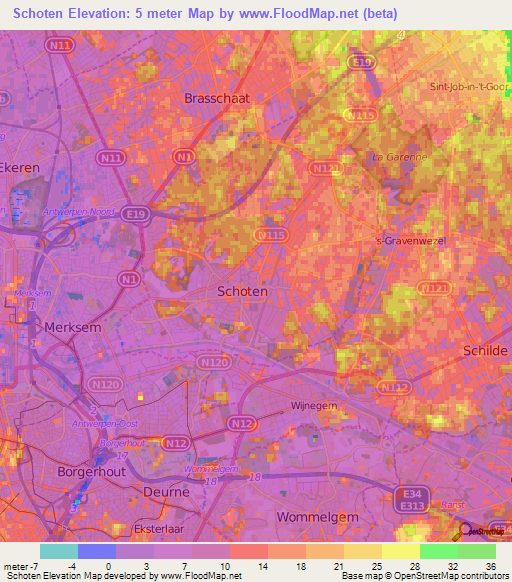 Schoten,Belgium Elevation Map