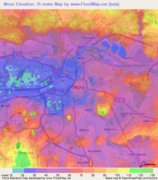 Mons,Belgium Elevation Map