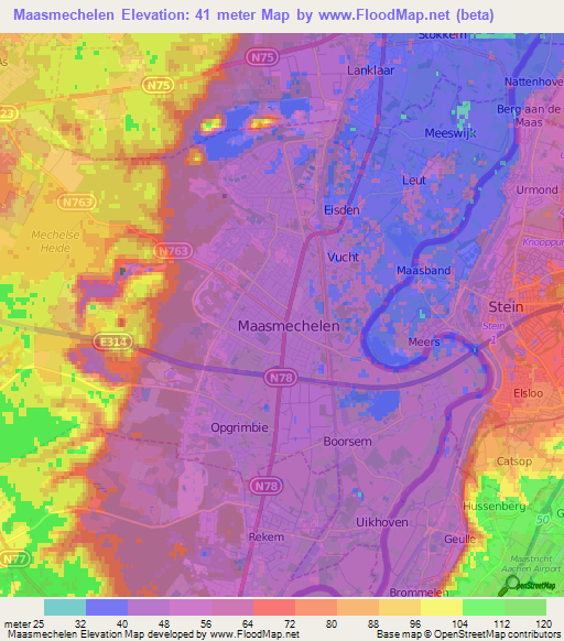 Maasmechelen,Belgium Elevation Map