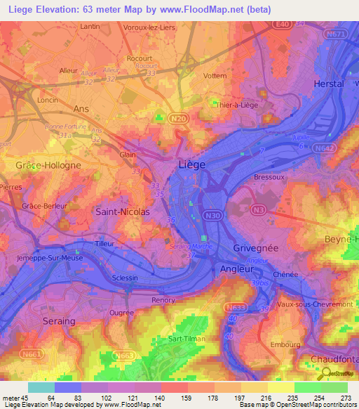 Liege,Belgium Elevation Map