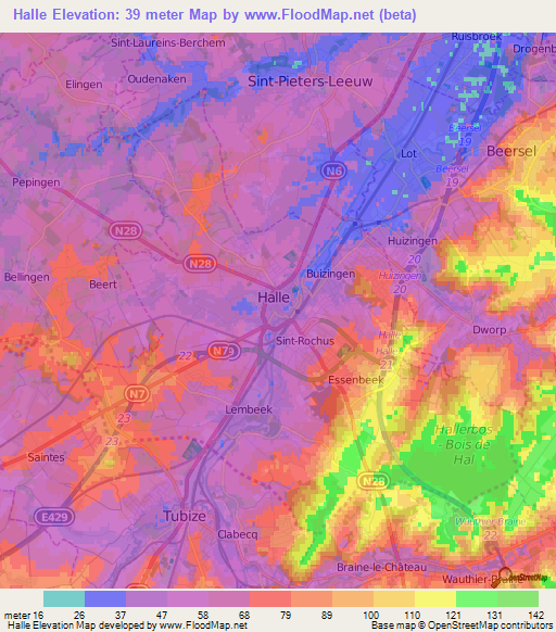 Halle,Belgium Elevation Map
