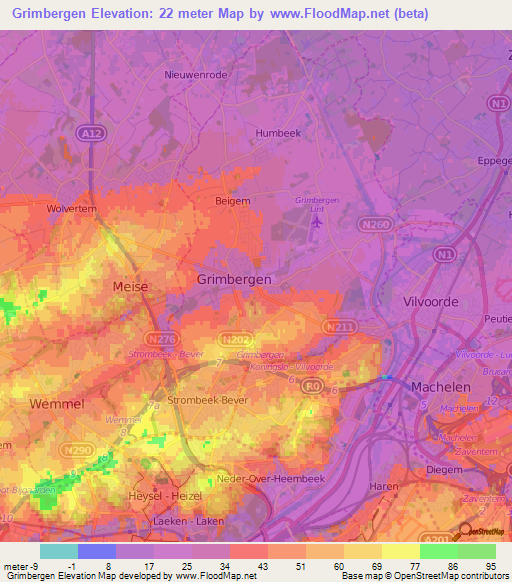Grimbergen,Belgium Elevation Map