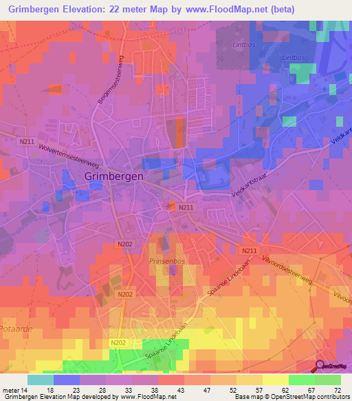 Grimbergen,Belgium Elevation Map