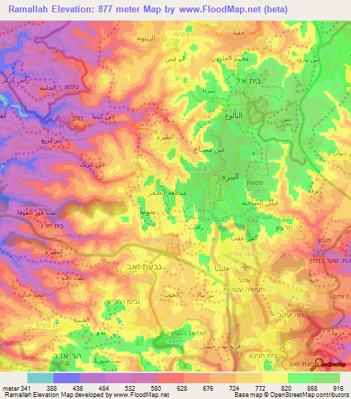 Ramallah,Palestinian Territory Elevation Map