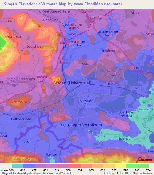 Singen,Germany Elevation Map