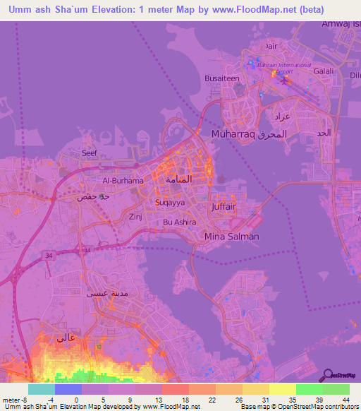 Umm ash Sha`um,Bahrain Elevation Map
