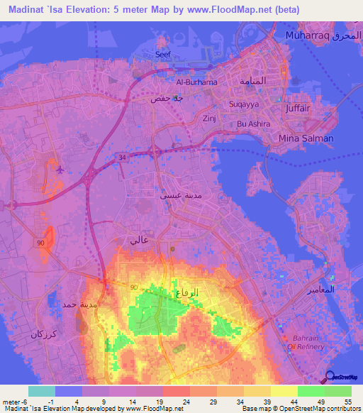 Madinat `Isa,Bahrain Elevation Map