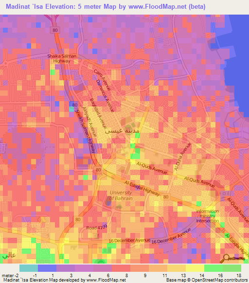 Madinat `Isa,Bahrain Elevation Map