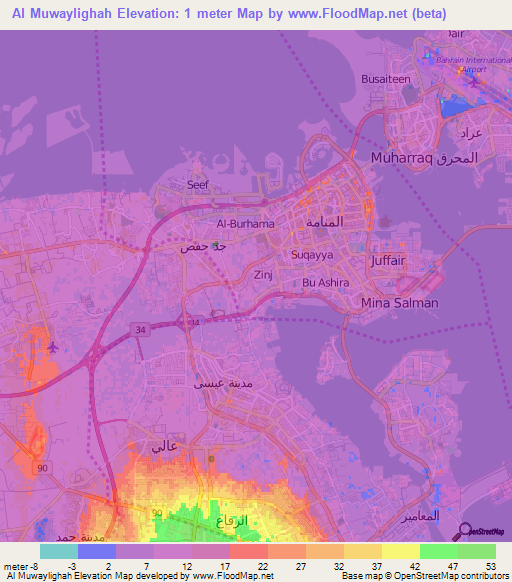Al Muwaylighah,Bahrain Elevation Map