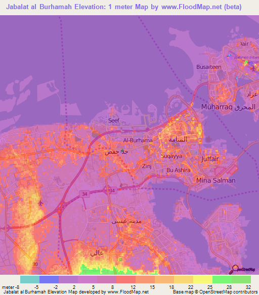 Jabalat al Burhamah,Bahrain Elevation Map