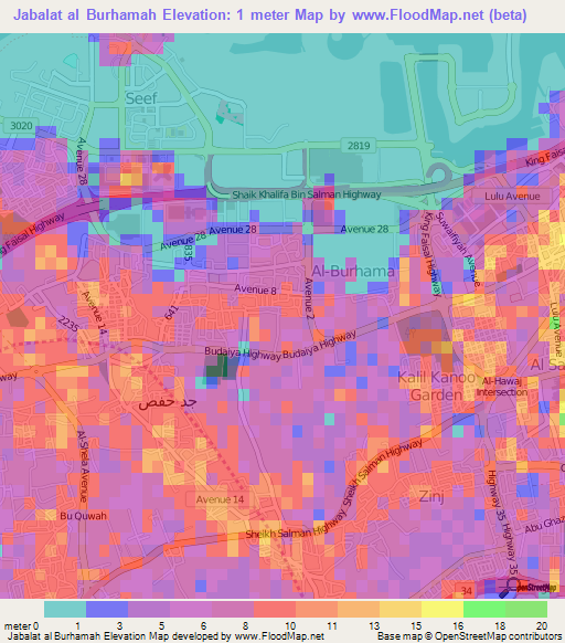 Jabalat al Burhamah,Bahrain Elevation Map