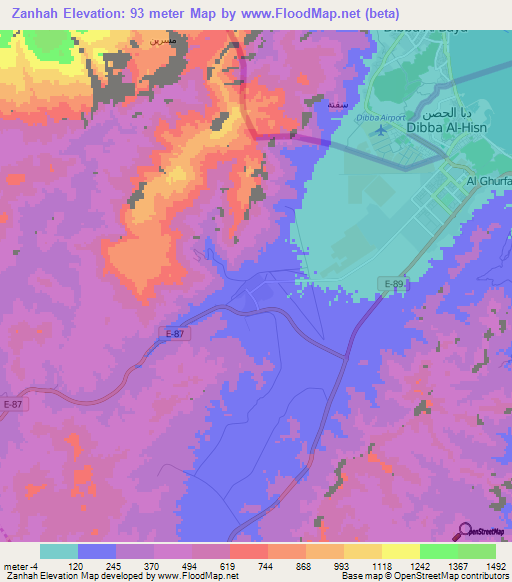 Zanhah,United Arab Emirates Elevation Map