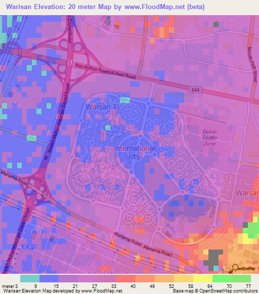 Warisan,United Arab Emirates Elevation Map