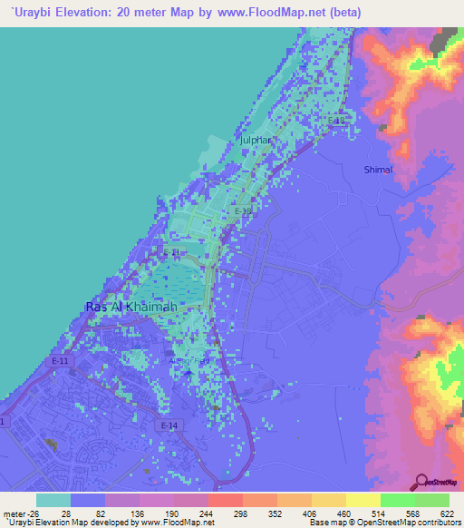 `Uraybi,United Arab Emirates Elevation Map