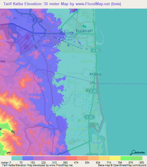 Tarif Kalba,United Arab Emirates Elevation Map