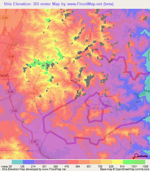 Shis,United Arab Emirates Elevation Map