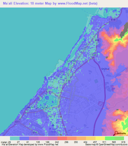 Ma`ali,United Arab Emirates Elevation Map