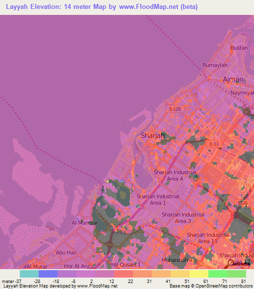 Layyah,United Arab Emirates Elevation Map