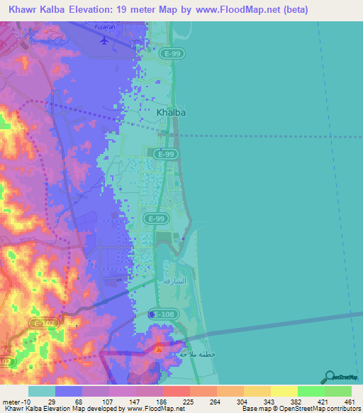 Khawr Kalba,United Arab Emirates Elevation Map