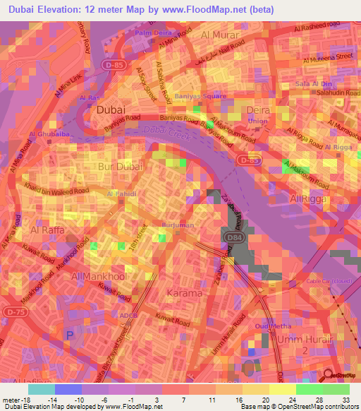 Dubai,United Arab Emirates Elevation Map