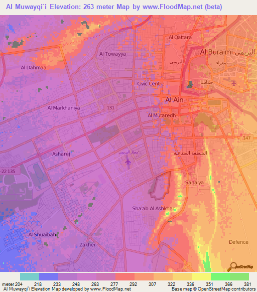 Al Muwayqi`i,United Arab Emirates Elevation Map