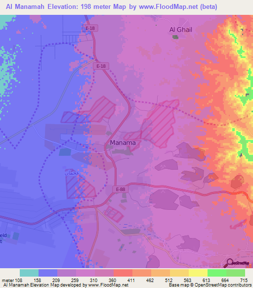 Al Manamah,United Arab Emirates Elevation Map