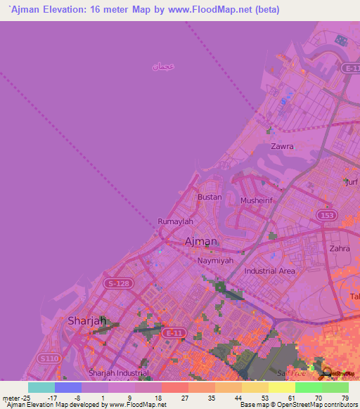 `Ajman,United Arab Emirates Elevation Map