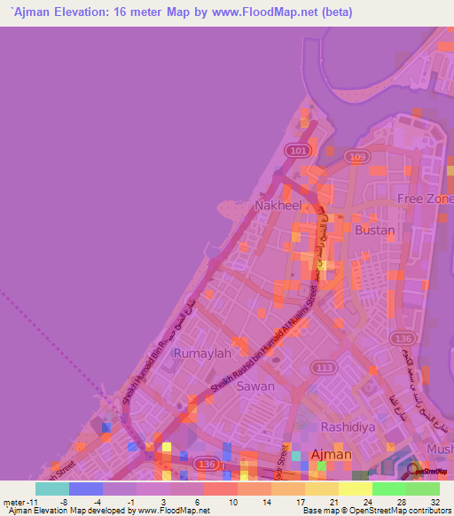 `Ajman,United Arab Emirates Elevation Map